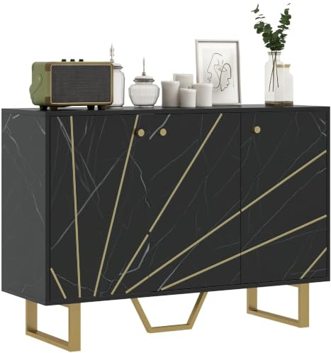 HOMCOM Modernes Sideboard Wohnzimmer Anrichte mit 2 Türen und verstellbarem Regal Anrichte für Wohnzimmer mit Marmoreffekt Anti-Kipp 107x35x75 cm Schwarz & Gold