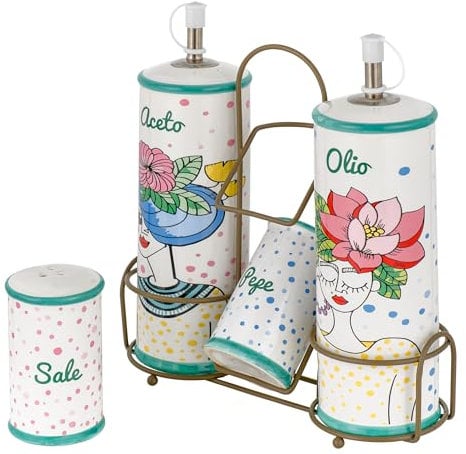 Baroni Home Menage Olio Aceto Sale Pepe in Ceramica con Stand in Metallo, Porta Condimenti, Accessori da Cucina Colorato Resistente, Linea Stylish, 21x7,5x22 cm