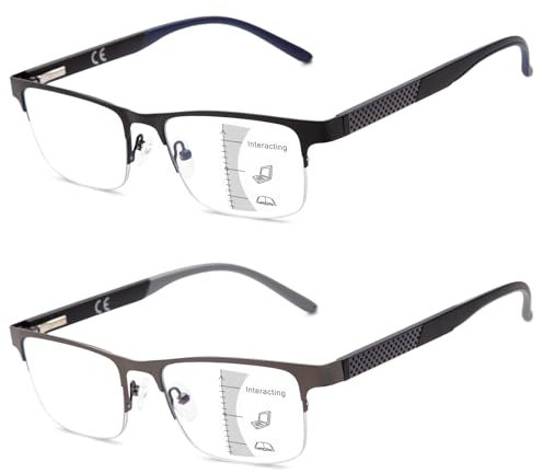 Amorays 2 Pack Gleitsichtbrille Progressive Multifokus Lesebrille Herren，Halbrahmen Metall Anti-Blaulicht Lesebrillen mit Federscharniere BK8003(Schwarz&Grau，+2.00