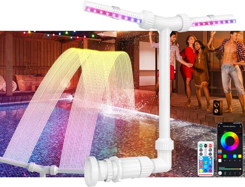 Poolbrunnen mit Solarleuchten, für ober- und unterirdischen Pool mit 10-farbigen LED-Lichtern, Steuerung per App, 360° verstellbarer Dual-Sprüh-Wasserfall-Sprinkler