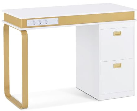 Barberpub Schreibtisch mit Schubladen für Nagelstudio, Schminktisch ohne Spiegel Weiß-Gold, Nageltisch aus Holz Metallgestell, Nagelfrisiertisch, 50x110x80,5cm, 2484