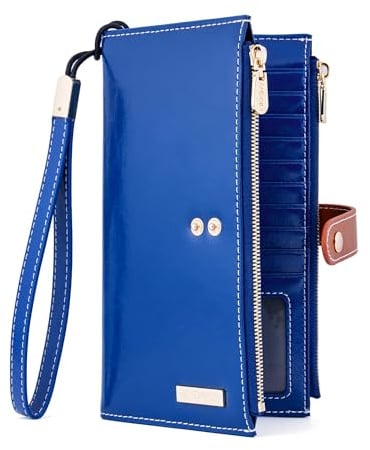 ANDOILT Women's Genuine Leather Wallet RFID Blocking Credit Card Holder Zipper Purse Cell Phone Handbag, B_blue, One Size, Simple Style