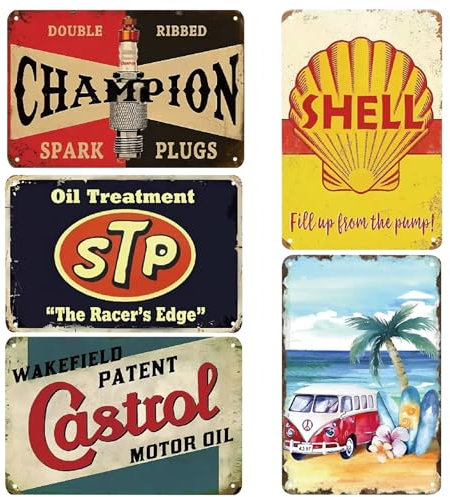 LEKEFETO Lot de 5 plaques en tôle décoratives rétro - 20 x 30 cm - Vintage - Décoration vintage - Plaque en tôle rétro - Pour atelier, garage, bar et salon