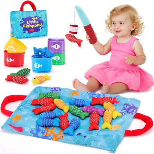 Neuytiky Angelspiel ab 1 Jahr - Montessori Fische Angeln Spiel mit 15 Stofffischen & 5 Eimern - Lernspielzeug für Kleinkinder - Motorikspiel ab 12 Monate - Inkl. Tragetasche