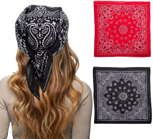 2 Stück Kopftuch Damen Herren, Schwarz Baumwolle Bandana und Rot Seidentuch, Praktisches Halstuch, Hip Hop Style Nickituch für Erwachsene, Jugendliche, Daily Use, Festival, Streetwear, 55x55cm