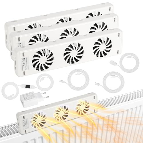 Hebitod Radiator Fan with Magnetic Attachment, White, Triple Set - Includes 1 Plug, 1 Controller, 1 Temperature Sensor and 2 Extension Cables, Fans for Under-heaters and radiators
