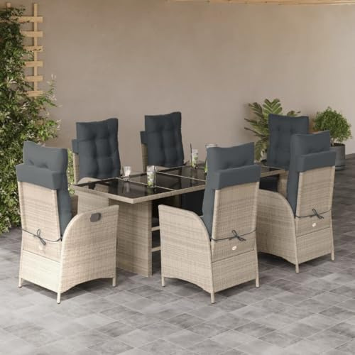 Frdhee Gartensofa Gartenstühle, 7-TLG. Garten-Essgruppe mit Kissen Hellgrau Poly Rattan, Einfache Montage, Wetterfest