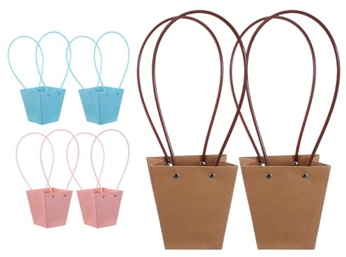 CAXUSD 6 Stück Wasserdichte Kraftpapier Geschenktüten mit Henkel Kleine Papiertüten in Natur Rosa Hellblau für Valentinstag Party Süßigkeiten Geschenkbeutel Robust und Tragbar