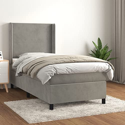 Mimdixy Gästebett Jugendbett Einzelbettgestell Einzelbett,Boxspringbett mit Matratze Hellgrau 90x200 cm Samt,Familienbett Für Schlafzimmer Wohnzimmer,Modern,Einfache Montage