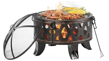 Relaxdays Feuerschale, Ø 66 cm, mit Grillrost, Funkenschutz & Schürhaken, Feuerstelle Garten, Feuerkorb, schwarz/Bronze