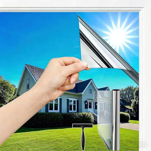 Silver 44.5x200cm wonderffolie One Way Clear Window Film Privacy Heat Reflective Mirror Window Film for Glass Windows UV Window Tint Film Daytime Anti Glare with Adhesive Thermal Solar Vinyl