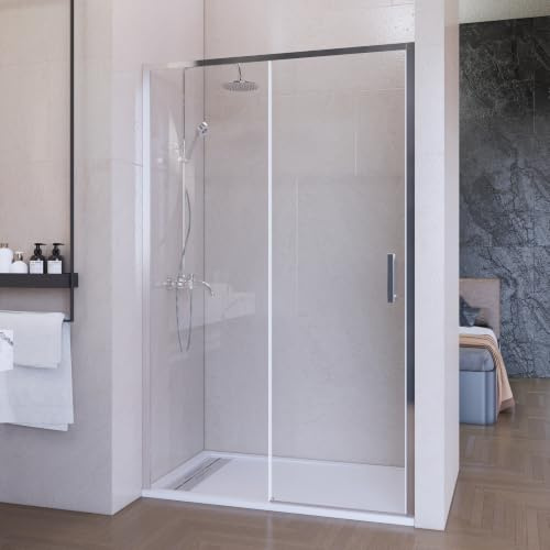 Mampara de ducha frontal corredera 140 cm 1 puerta + 1 fijo Plata cromo Cristal transparente 6 mm 195 cm altura