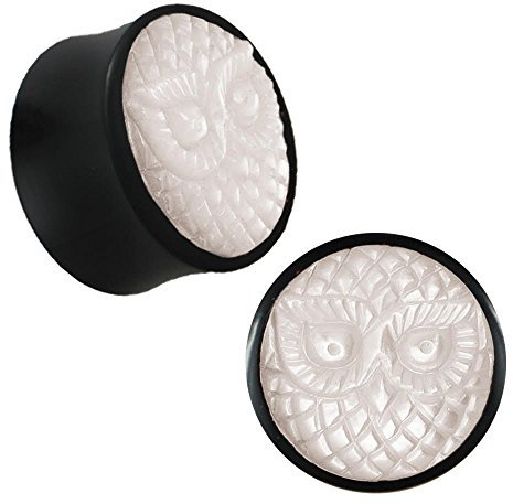 CHICNET Hornplug Perlmutt Horn Eule handgeschnitzt schillernd Tunnel Plug weiß Expander | double flared Animal Design Earplug Muschel | unisex Ohrplug Männer Frauen 16 mm