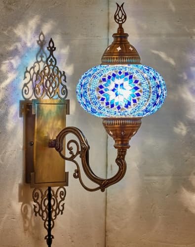 DEMMEX Applique Murale Turque Marocaines en Mosaïque, Globe en Verre Fait Main, Base en Laiton, Cordon 1,5 m, Éclairage Décoratif pour Salon et Chambre, Bleu