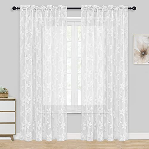 DWCN Spitzen-Gardinen, transparente Voile-Gardinen mit floralem Spitzendesign und Stangendurchzug für Schlafzimmer und Wohnzimmer, 132,1 x 213,4 cm (B x L), 2er-Set, Weiß