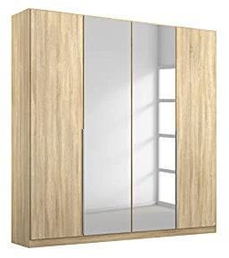 Rauch Möbel Alabama Schrank Kleiderschrank Drehtürenschrank Eiche Sonoma Spiegel, Holz, 4-türig mit Zubehörpaket Premium 2 Kleiderstangen, 7 Einlegeböden, 1 Schubkasteneinsatz BxHxT 181x229x54 cm