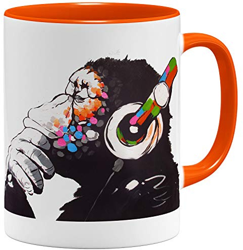 OM3® Monkey Ape Affee Music Banksy Tasse - Keramik Becher - 11oz 325ml - Beidseitig Bedruckt - Orange
