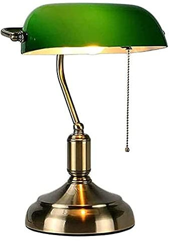 Traditionelle Bankerlampe, Schreibtischlampe, aus Metall, antik, mit Kette, Lampenschirm aus Glas, grün, Nachttischlampe für Schlafzimmer Messing Finish