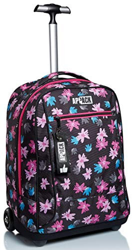 Appack Big Trolley Scuola, Nero Fantasia, Yuzer, 2 in 1, Doppio Uso, Zaino con Carrello Fisso e Crossover System, Viaggio, Bambina Ragazza