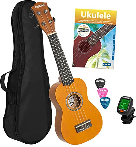 CASCHA Sopran Ukulele Set für Kinder und Erwachsene I Ukulele Starter Kit mit 3 Plektren Tasche Lehrbuch Lernvideos über QR-Code Stimmgerät I Set Aquila Saiten Nylon I Kleine Hawaii Gitarre I Gelb