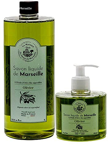 Savon de Marseille - French Liquid Soap made with Organic Olive Oil - Olive Hand Wash 1 Litre Refill and 330ml Bottle Dispenser