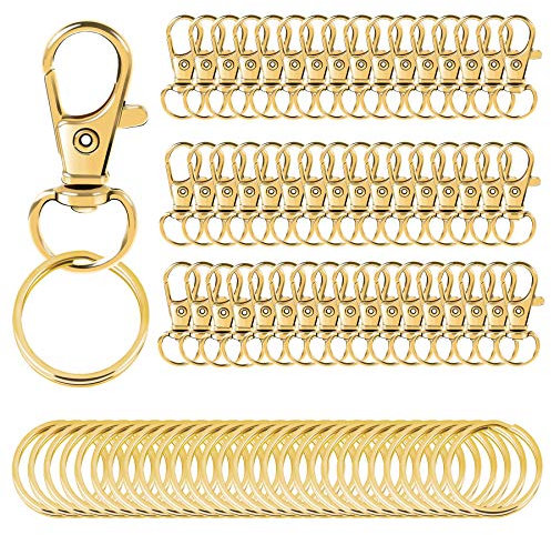 AUGSUN 100Pcs Attache Porte Clé (50 Mousqueton Porte-Clé, 50 Anneaux de Porte Clé) Porte Clef d'Or pour Bijoux, Loisirs Créatifs