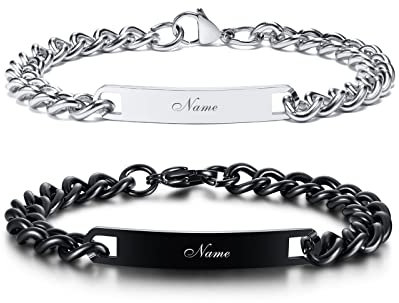VNOX Personalisierte Gravur Paar Armbänder Personalisierbaren Armbänd Familie Armbänder|Partnerarmband für Paare|Pärchen Armband (2 Stück-Silber&Schwarz-7mm-22.5cm)