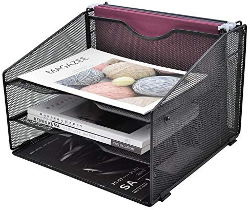 EASEPRES Mesh File Organizer, Desktop Hanging File Holder with 3 Paper Letter Tray and 1 Vertical Upright Compartment, Black