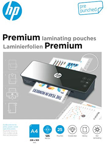 HP Premium Laminierfolien, DIN A4, mit Lochung, 125 Micron, glänzend, zum Heißlaminieren, 25 Stück, 9122