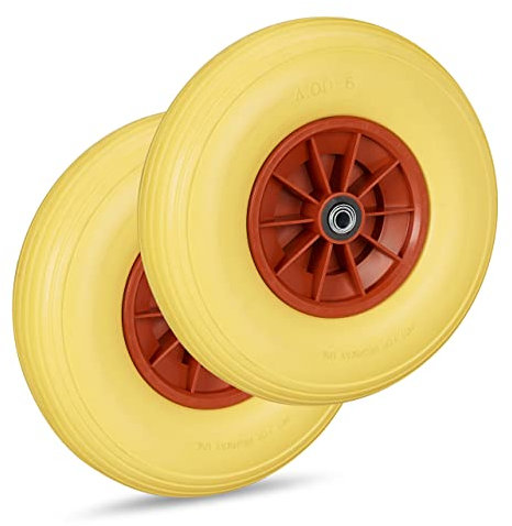 Relaxdays Lot de 2 Roues de brouette Caoutchouc 4.00-6, de Rechange axe, increvable, essieu, 3 adaptateurs, 100 kg, Jaune/Rouge