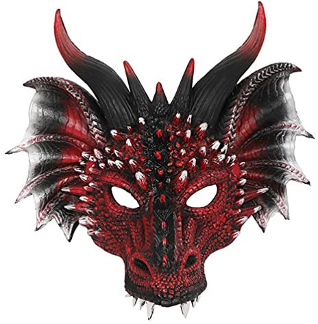 NUOBESTY Halloween Drachen Gesichtsmaske Schwarz Und Rot 3D Drachen Kopf Gesichtsmaske Mythos Scary Tier für Halloween Party Kostüm Cosplay