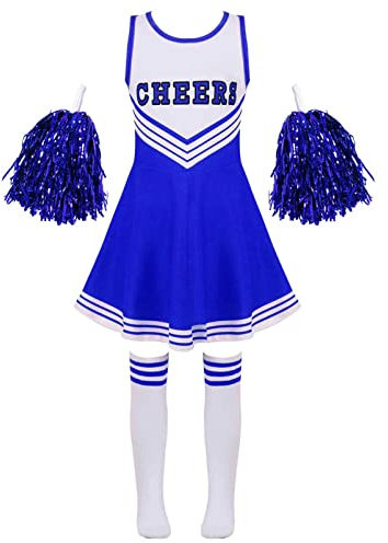 Alvivi Cheer Leaderin Kostüm Kinder Mädchen Cheerleading Schulmädchen Uniform Kleid mit Pompoms Socken Halloween Fasching Partykleid Blau 122-128