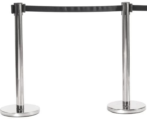 Queue Barrier, Retractable Belt, Pull Out Safety Tape, Queuing Post, Chrome Base with (Chrome Post, Black Belt (Pack of 2))