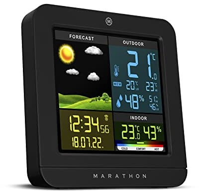Marathon Berlin-Station Météo Couleur Intérieure Sans fil Avec Capteur Extérieur-Prévisions Météo-Température Et Taux D’humidité Int Et Ext-Affichage Des Min-Max De La Journée-Heure Radio-Piloté