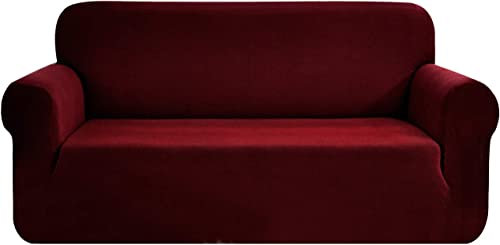 SAMSTEX Stilvolle Sofabezug 4 Sitzer High Stretch 1 Stück Sofa Schonbezüge Dicke Weiche Sofaschoner Maschinenwaschbar Rutschfeste Couchbezüge Weinrot