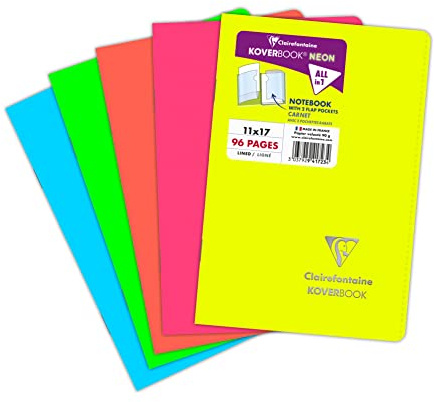 Clairefontaine 941723C - Heft Koverbook NEON geheftet Umschlag aus PP blickdicht 11x17cm 48 Blatt, liniert, farbig sortiert in Neonfarben, 1 Stück