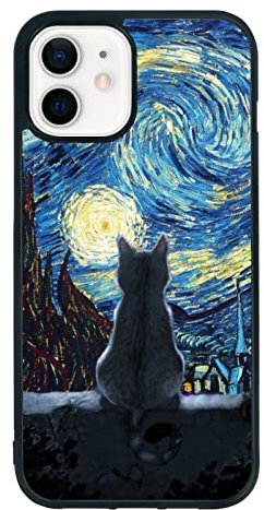 Black Cute Cat iPhone 12/12 Pro Case - 6.1 Inch Van Gogh Cute Cat iPhone Case, Non-Slip Pattern Design and Shock Absorption, Soft Silica Gel Frame Support Black Phone Case for Teen Girls and Sisters