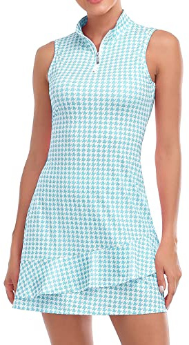 Viracy Tenniskleid für Damen, ärmellos, mit Shorts und Taschen, Rüschen, Reißverschluss, Stehkragen, Golf-Outfits, Blauer Hahnentritt, Mittel