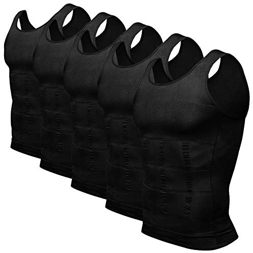 Odoland Mens 5 Pack Body Shaper Slimming Tummy Vest Compression Shirt Tank Top Shapewear, Black*5, XXL