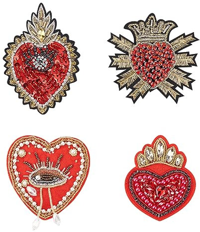 FINGERINSPIRE 4 Stück Stoffflicken In 4 Stilen In Herzform Zum Aufnähen Mit Strassperlen Liebesherz Strassperlenapplikationen Rotes Herz Thema Stickflicken Für Kleidung Kleid DIY Dekor