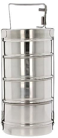 Indian Tiffin Stainless Steel 3/4 Tier Lunch Box Multi Layer Stackable Round Containers Tiffin Hot Food Carrier Tins Lunch Storage Portable for Kids Adults Work Office School Picnic (4 Tier)