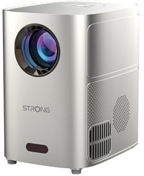 STRONG - Q1 Mini Projektor - Taschenbeamer - 35-120 Zoll - WLAN & Bluetooth - mit Stereo-Lautsprechern - 720p HD & Kompatibel mit 1080p Full HD - 1500 Lumen - HDMI + USB - 30000 St. Laufzeit - grau