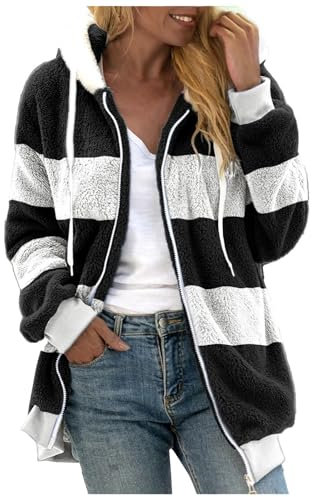 Warme Winterjacke Damen Lässige Patchwork-Pulloverjacke mit Kapuze und Reißverschlusstasche Kleiner Rucksack Damen (Black, XXXXL)