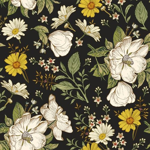 VEELIKE Papier Peint Fleuri Noir Papier Peint Adhesif Mural Marguerite Blanc Papier Collant pour Meuble Vintage Papier Peint Feuilles Tropicales Stickers Muraux Salle de Bain Chambre 44.5cm×300cm