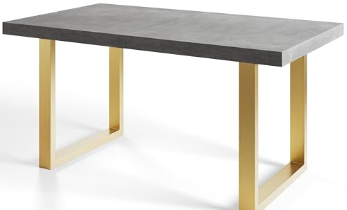 Industrieller Esszimmertisch LOFT-U, ausziehbarer Tisch, Größe: 120-220X80X77 cm, Wohnzimmertisch Farbe: Grau, mit Metallbeinen in Farbe Gold