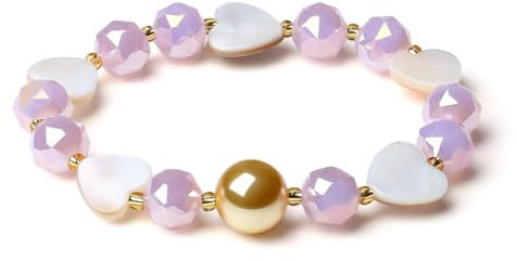 MetJakt Handgemacht Stretch Stretcharmband 10MM Kristalle Bunt Herz Schmuck 12MM Tahiti Perlen kernperle Glitzer Kristall Herzarmband 18k Vergoldet Damenschmuck (Rosa Porzellan Kristall)