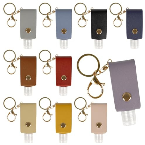LIUCONGBD 10PCS Hand Sanitizer Holders Keychain, 30ml Mini Portable Leather Travel Bottles with 10 Colours, Empty Leakproof Refillable Squeeze Container for Toiletry Shampoo Lotion Liquid Soap