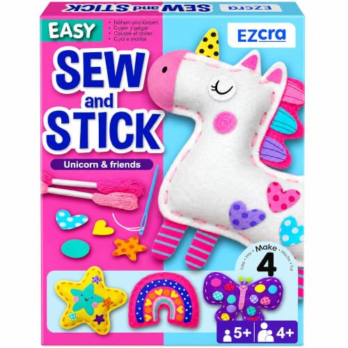 EZCRA Einhorn Näh-Set für Kinder 4-8 Jahre - 4 Anfänger Filz-Projekte | 4 Einhorn Filz-Nähprojekte mit Stickern und Werkzeug. Schmutzfreies DIY für Mädchen und Jungen. Tolles Geburtstagsgeschenk.