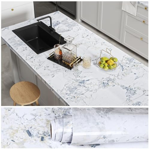 VEELIKE Spruce White Marble Wallpaper Glossy Marble Vinyl Wrap for Kitchen Worktop Bathroom Counter Top Vinyl Covering Waterproof White Blue Self Adhesive Vinyl Wallpaper 40cm×300cm