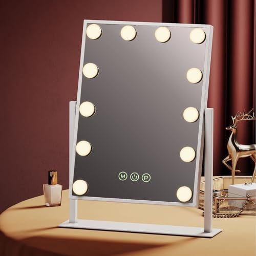 EMKE Hollywood Schminkspiegel mit Beleuchtung, 3 Lichtfarben Dimmbar 1X / 7X Spiegel mit Beleuchtung 360° Drehbar Schminkspiegel, 12 LED Licht Weiß Schminktisch Spiegel